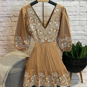 Express Tan Cream V-Neck Mini Dress with Bishop Sleeves